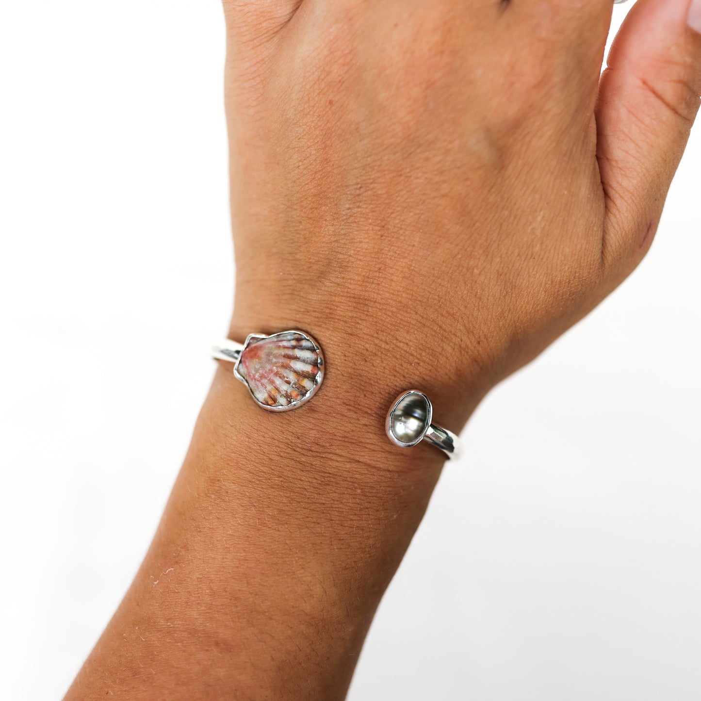 Silver Sunrise Shell and Tahitian Pearl Cuff