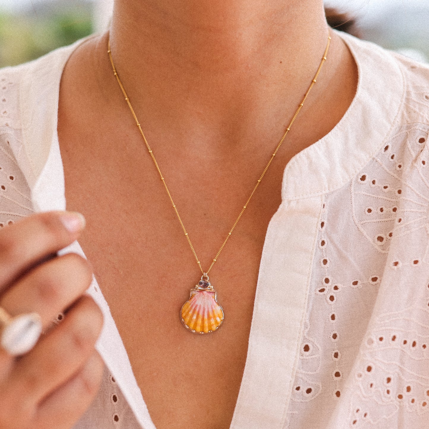 Gold Sunrise Shell and Sapphire Necklaces