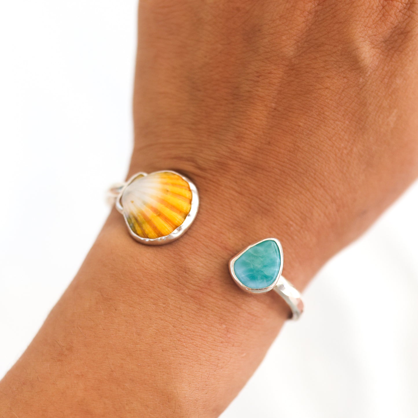 Silver Sunrise Shell and Larimar Cuff