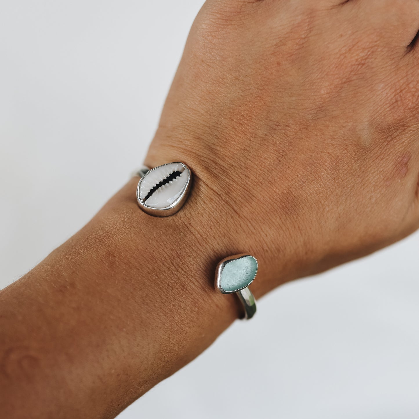 Silver Cowrie Shell and Seaglass Cuff