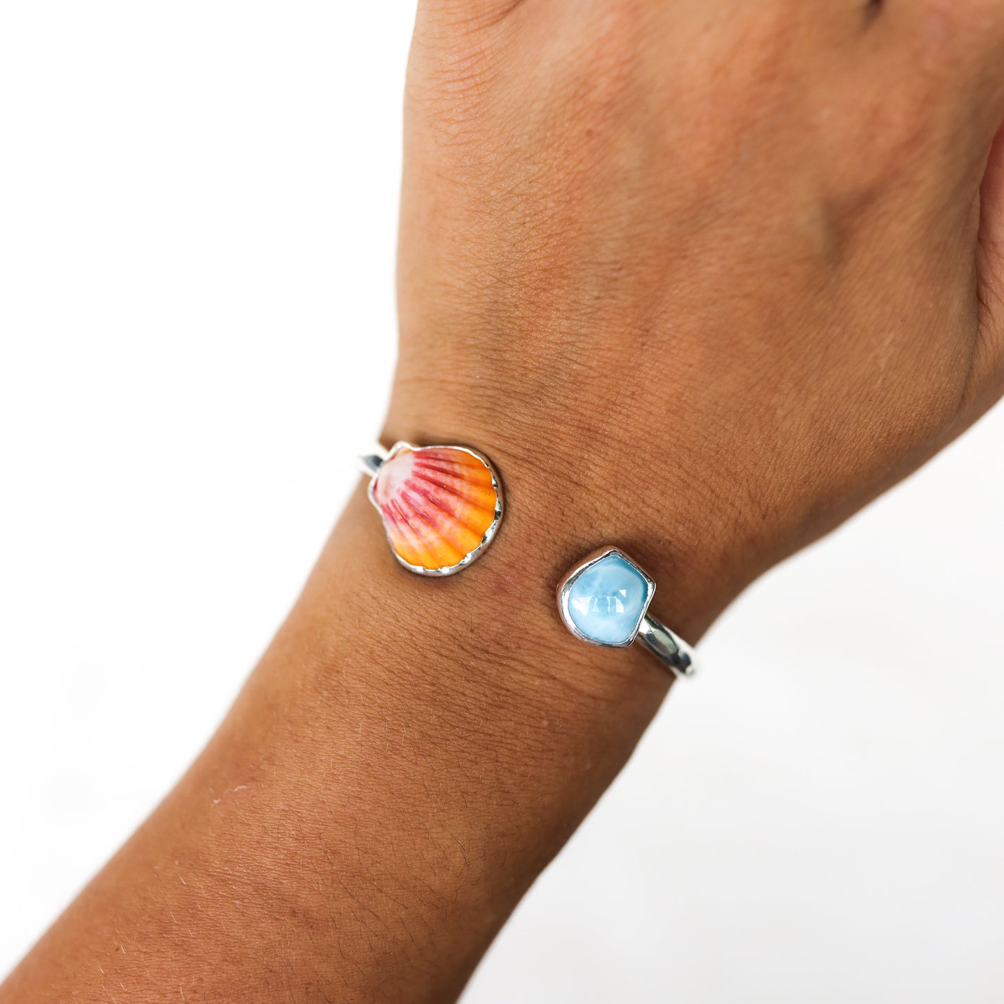Silver Sunrise Shell and Larimar Cuff