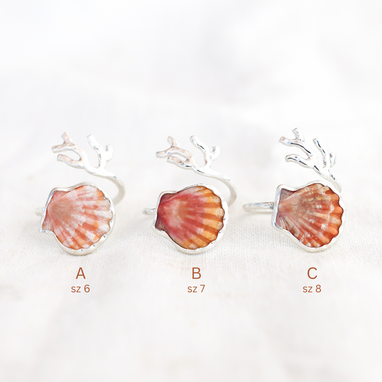 Silver Sunrise Shell Coral Branch Rings