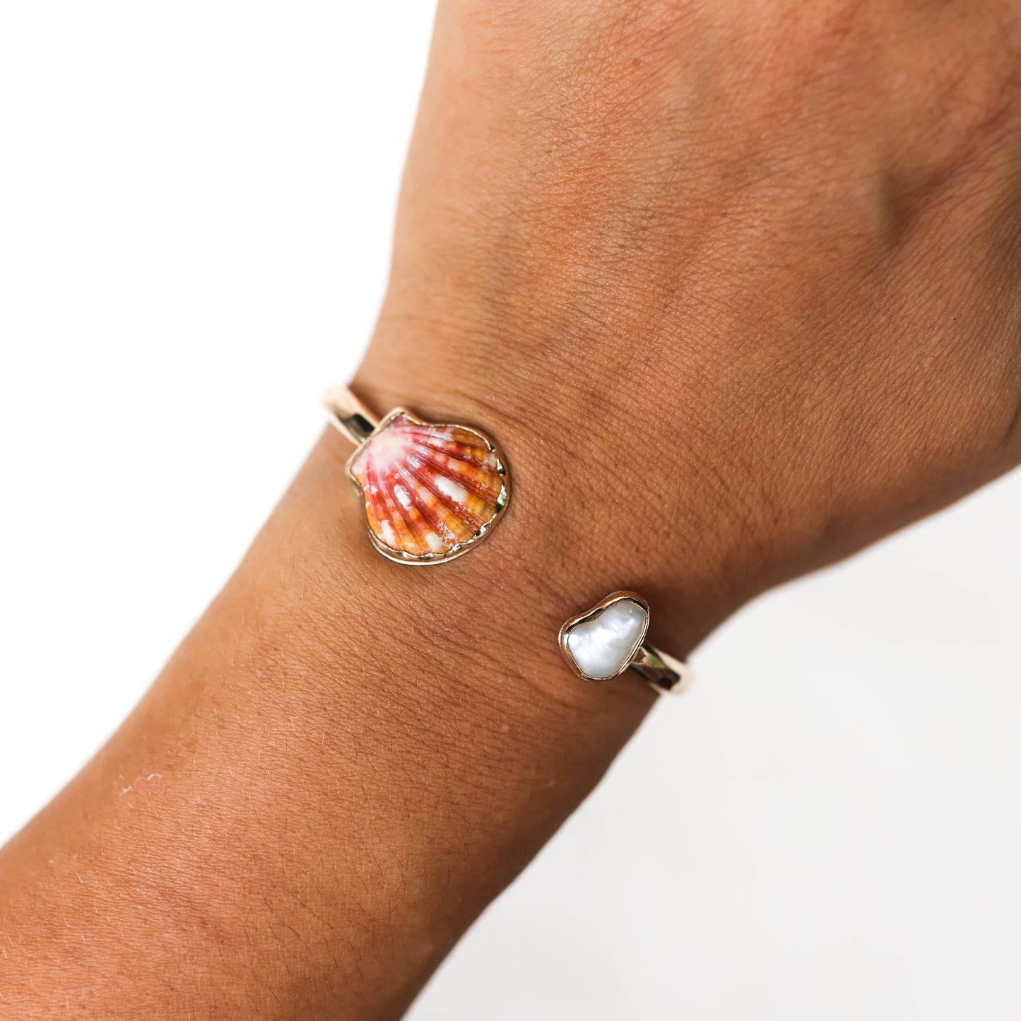 Gold Sunrise Shell and White Edison Keshi Pearl Cuff