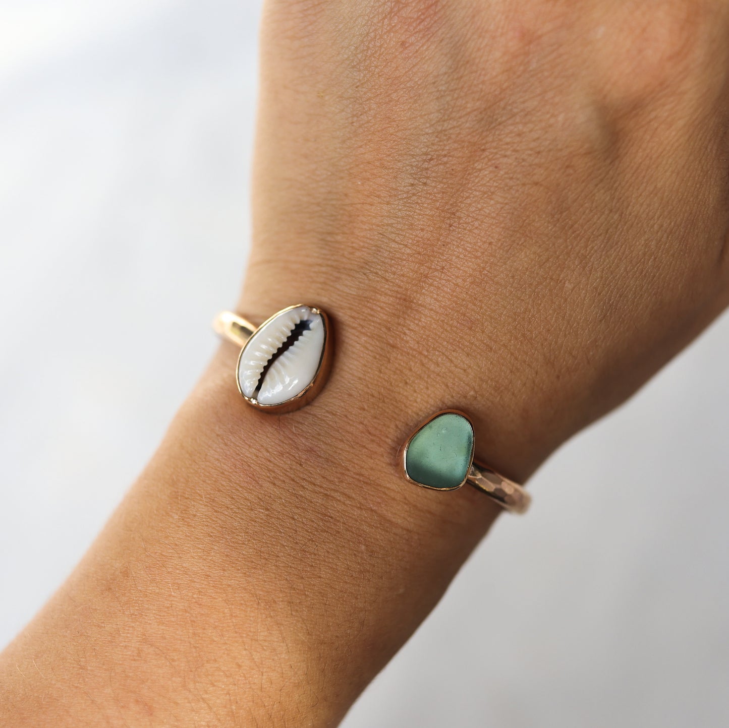 Gold Cowrie and Sea Glass Cuff