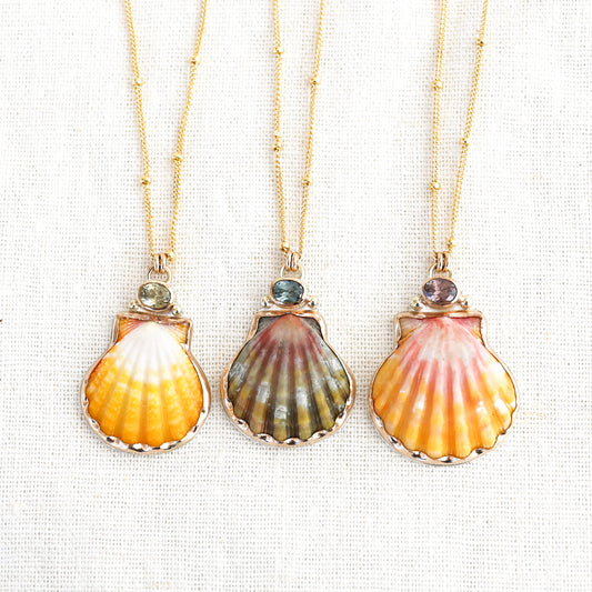 Gold Sunrise Shell and Sapphire Necklaces