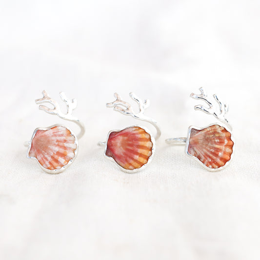Silver Sunrise Shell Coral Branch Rings