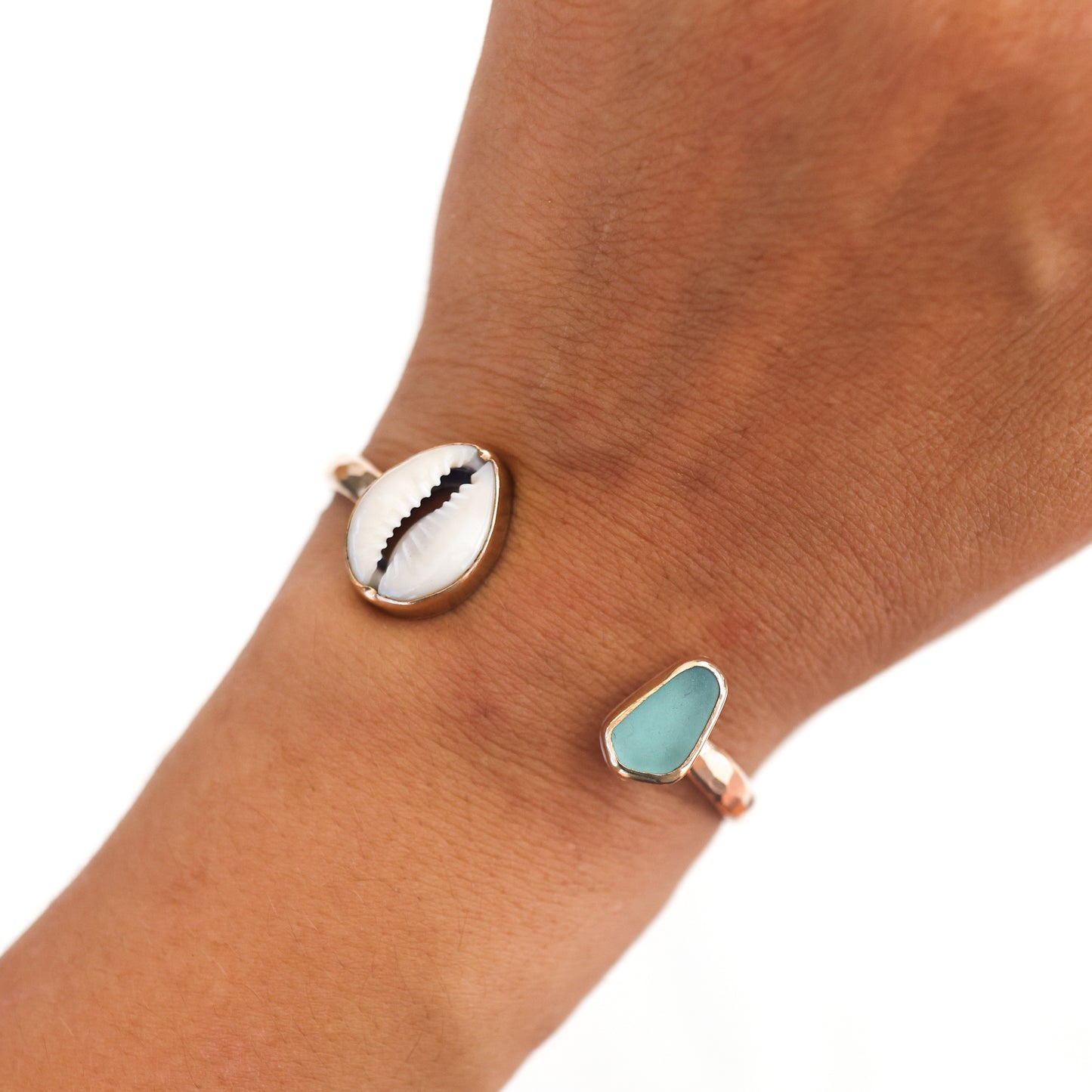 Gold Cowrie and Sea Glass  Cuff
