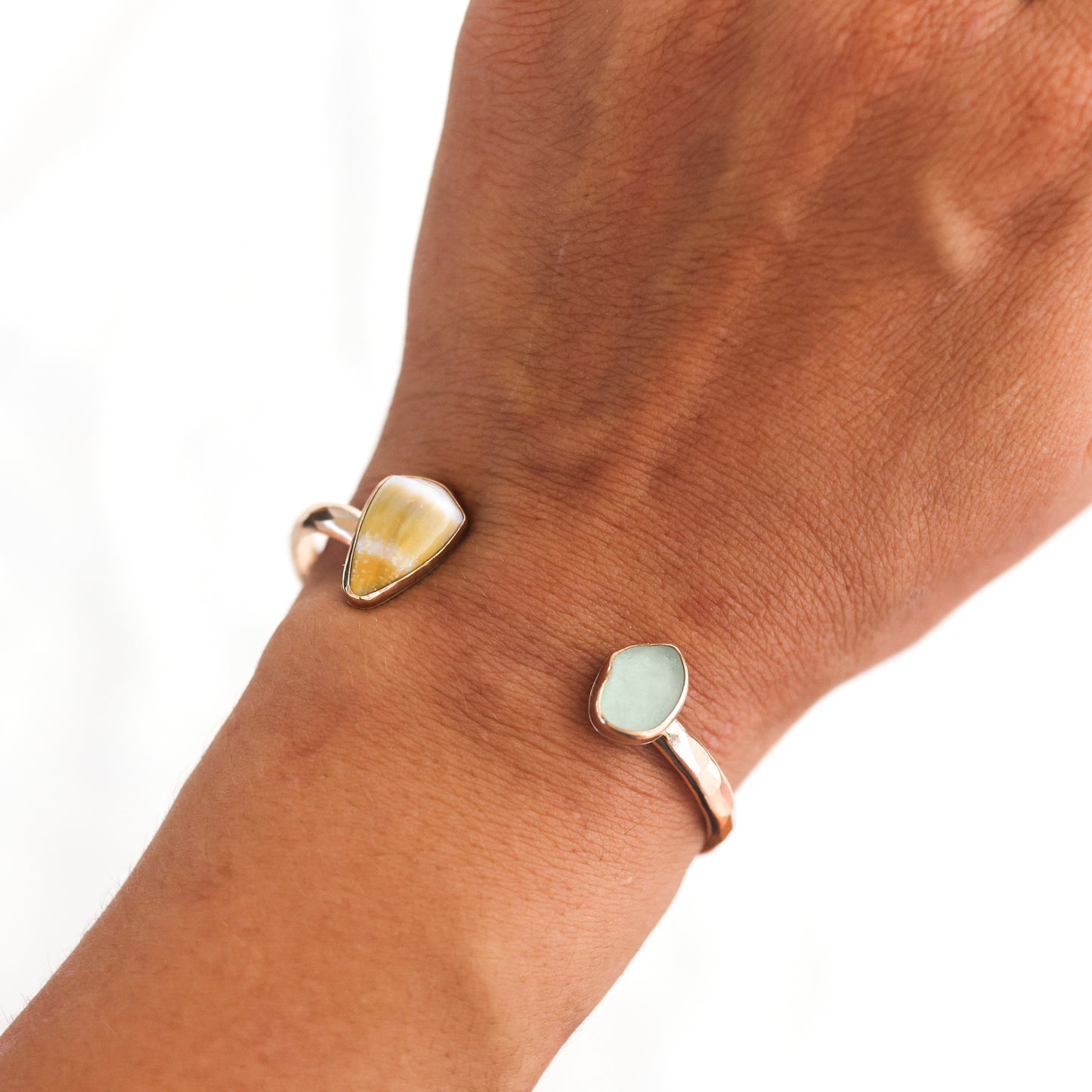 Gold Cone Shell and Sea Glass Cuff