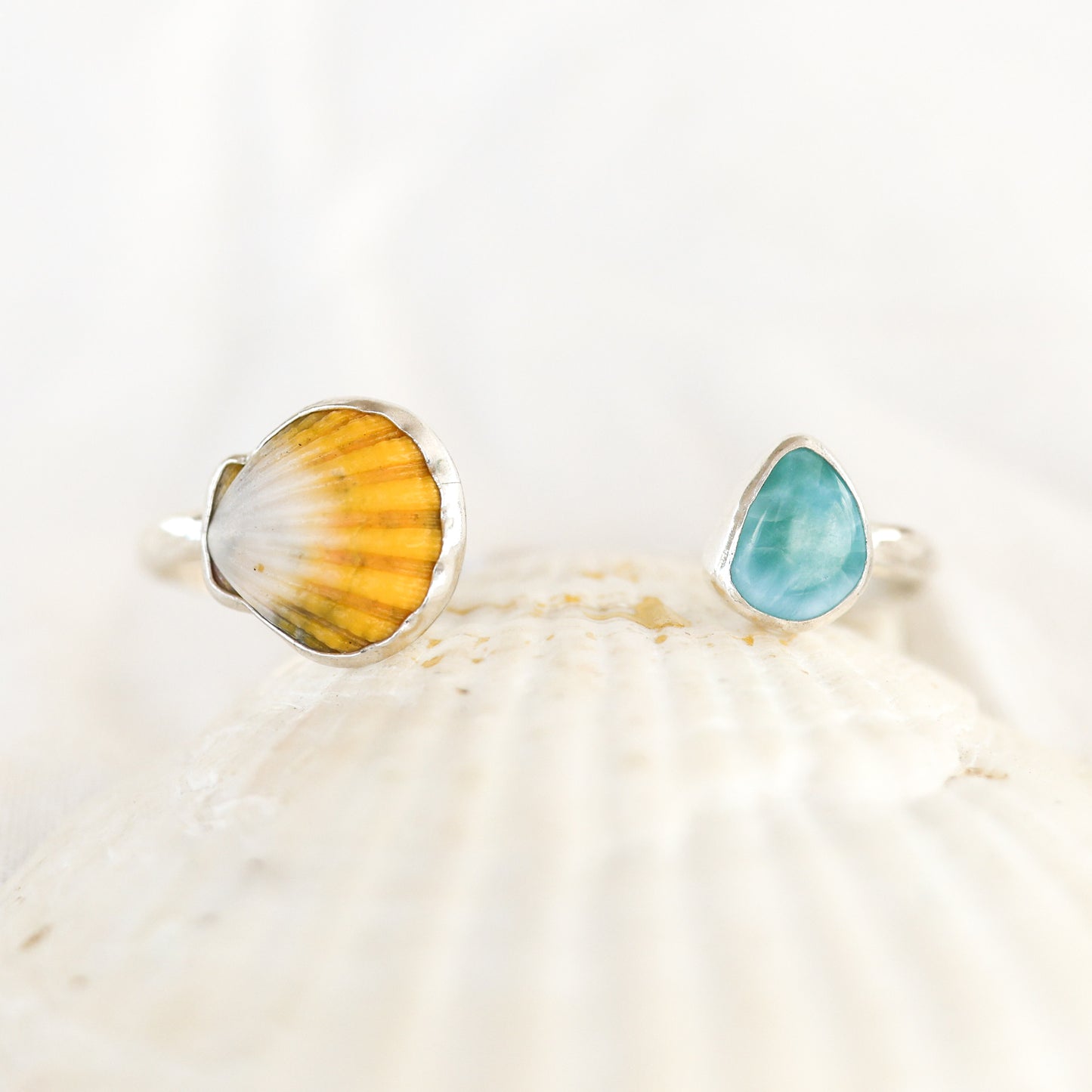 Silver Sunrise Shell and Larimar Cuff