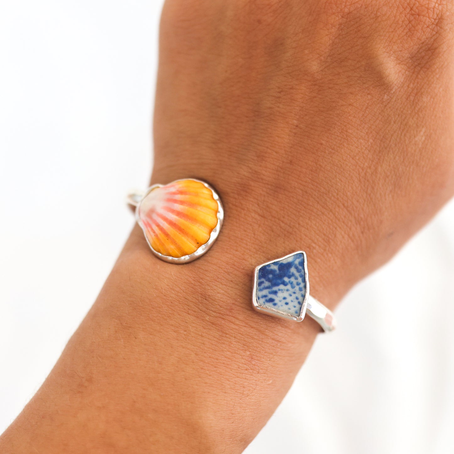 Silver Sunrise Shell and Sea Pottery Cuff