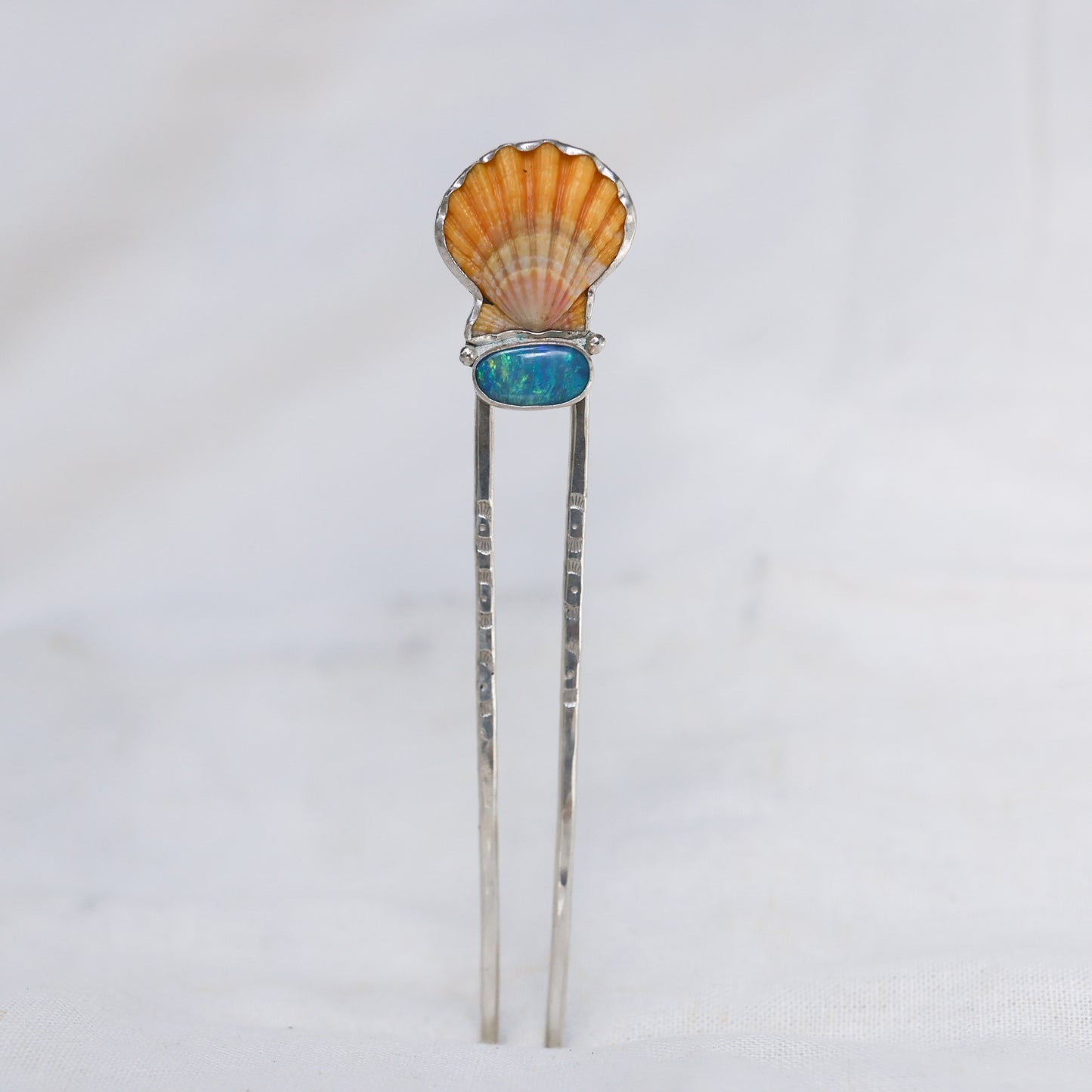 Silver Sunrise Shell and Opal Hairpin