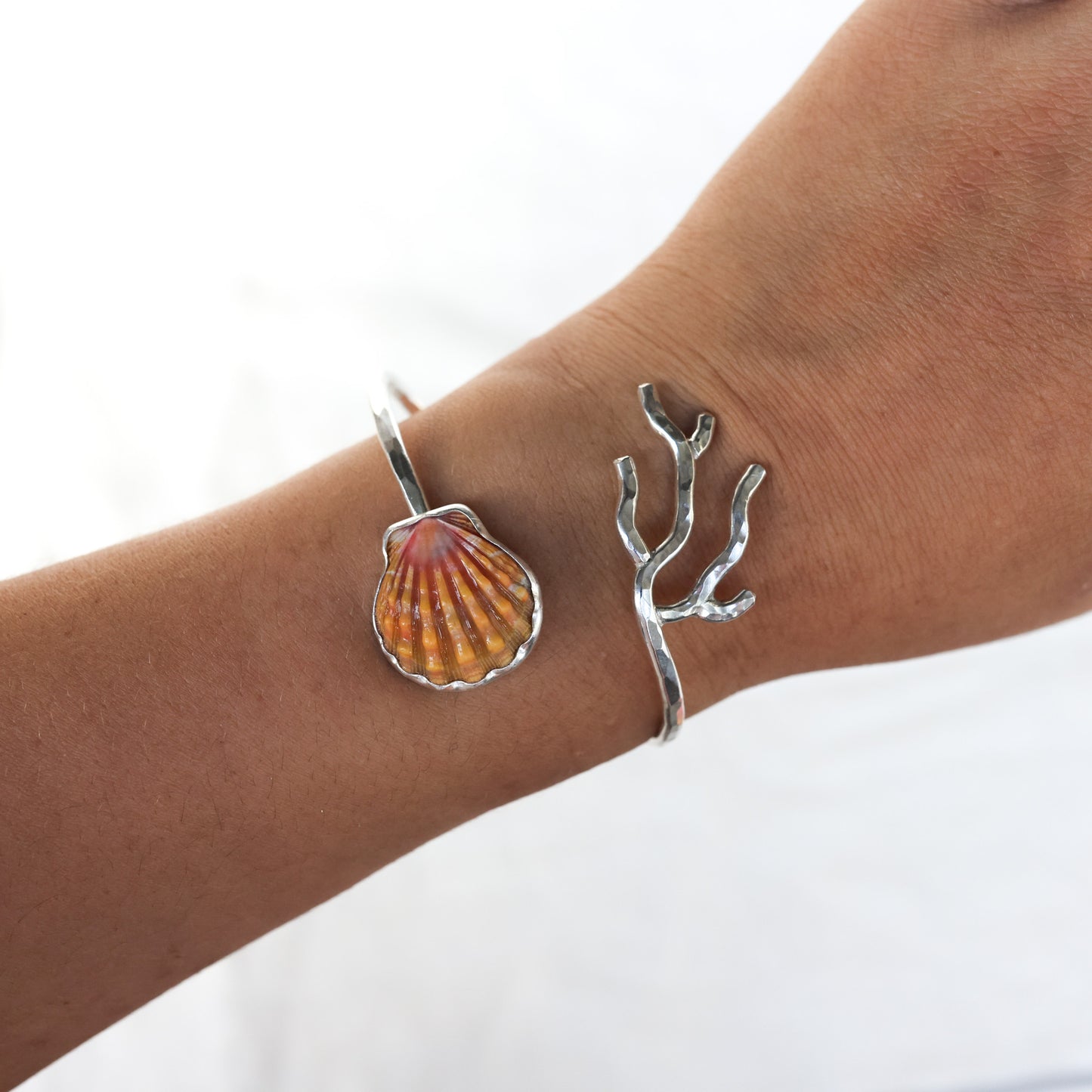 Silver Sunrise Shell Coral Branch Cuff