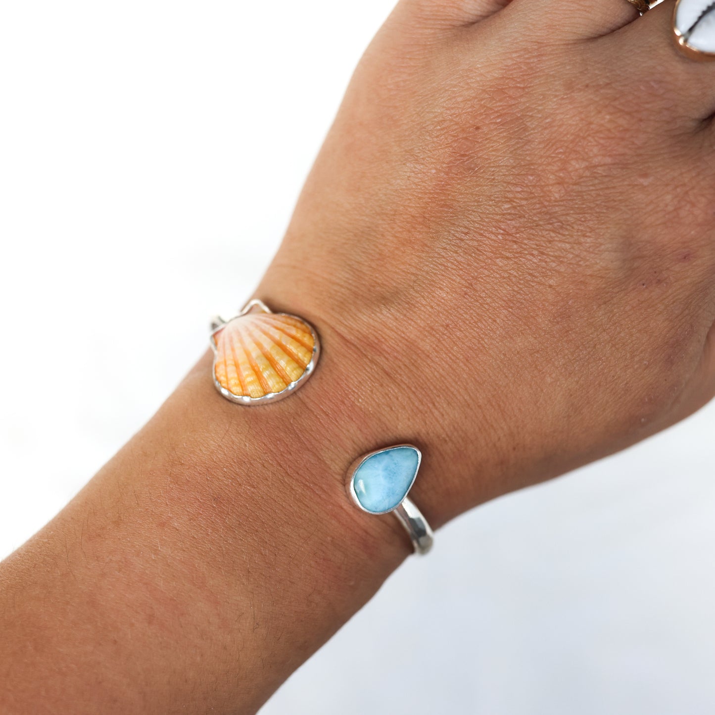 Silver Sunrise Shell and Larimar Cuff