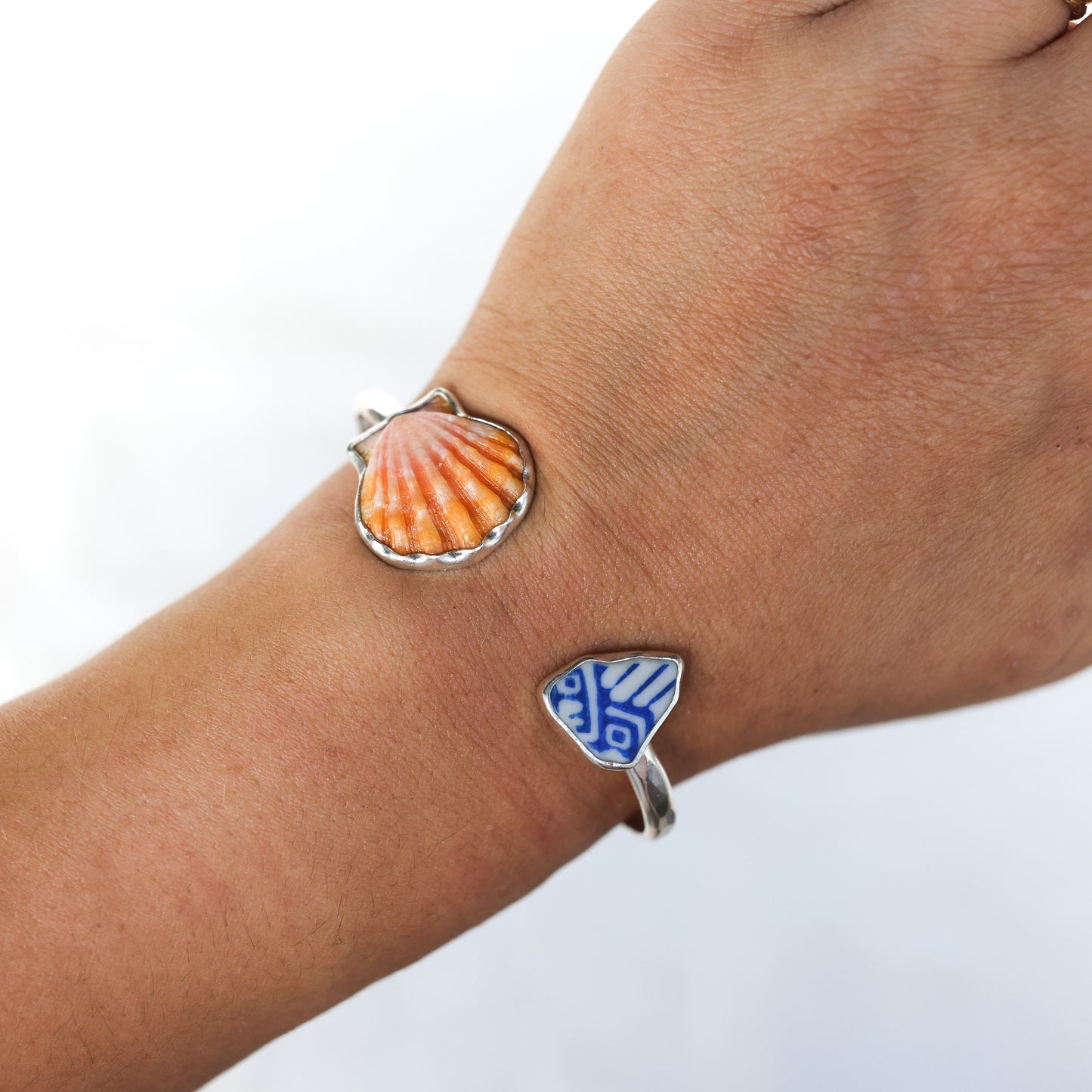 Silver Sunrise Shell and Sea Pottery Cuff