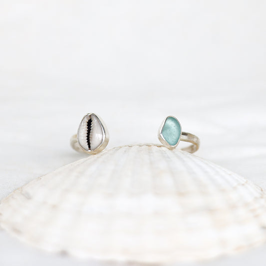 Silver Cowrie Shell and Seaglass Cuff