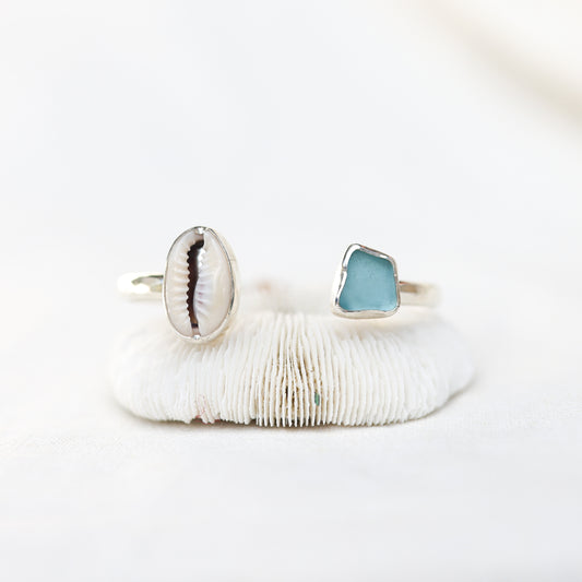 Silver Cowrie Shell and Seaglass Cuff