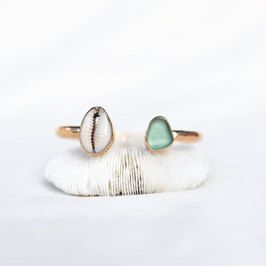 Gold Cowrie and Sea Glass  Cuff