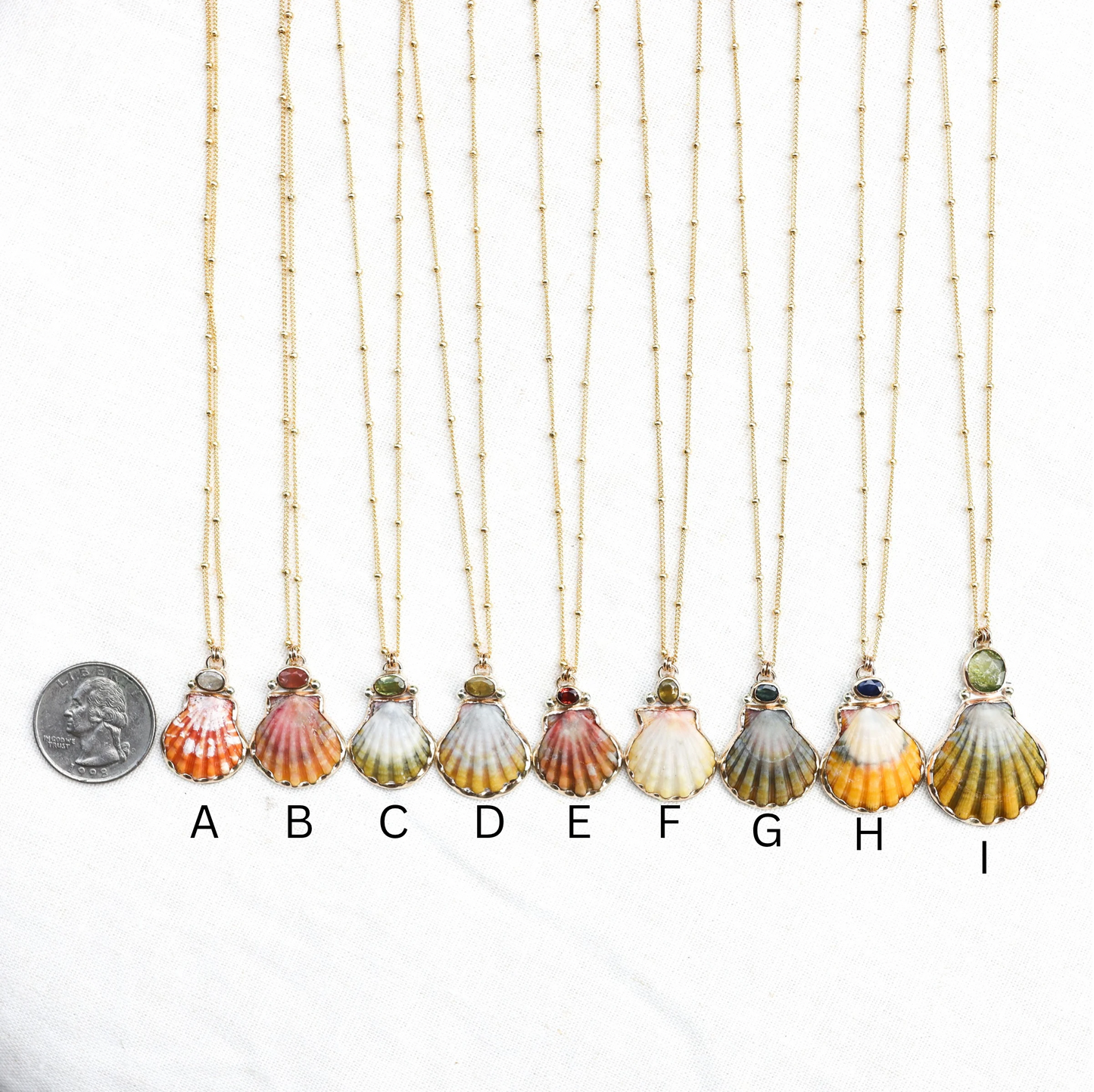 Gold Sunrise Shell and Sapphire Necklaces