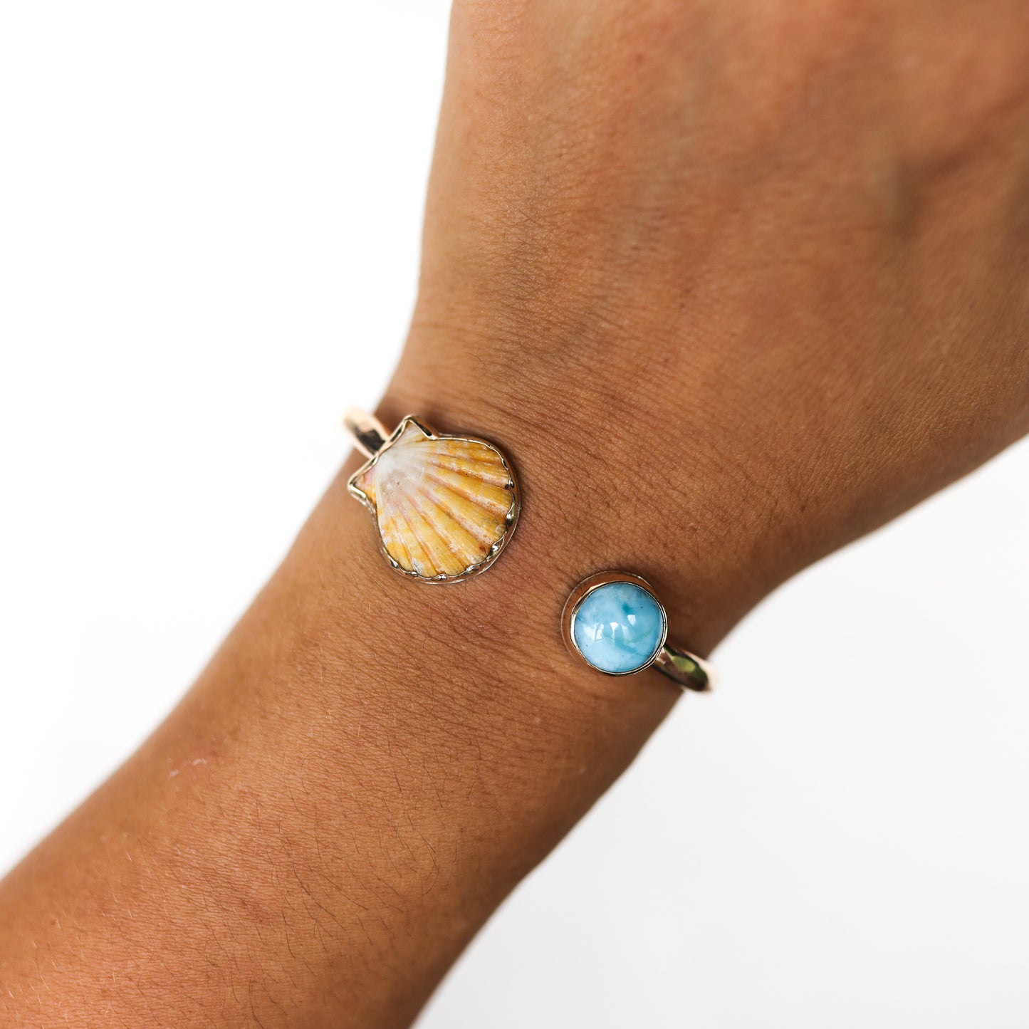 Gold Sunrise Shell and Larimar Cuff