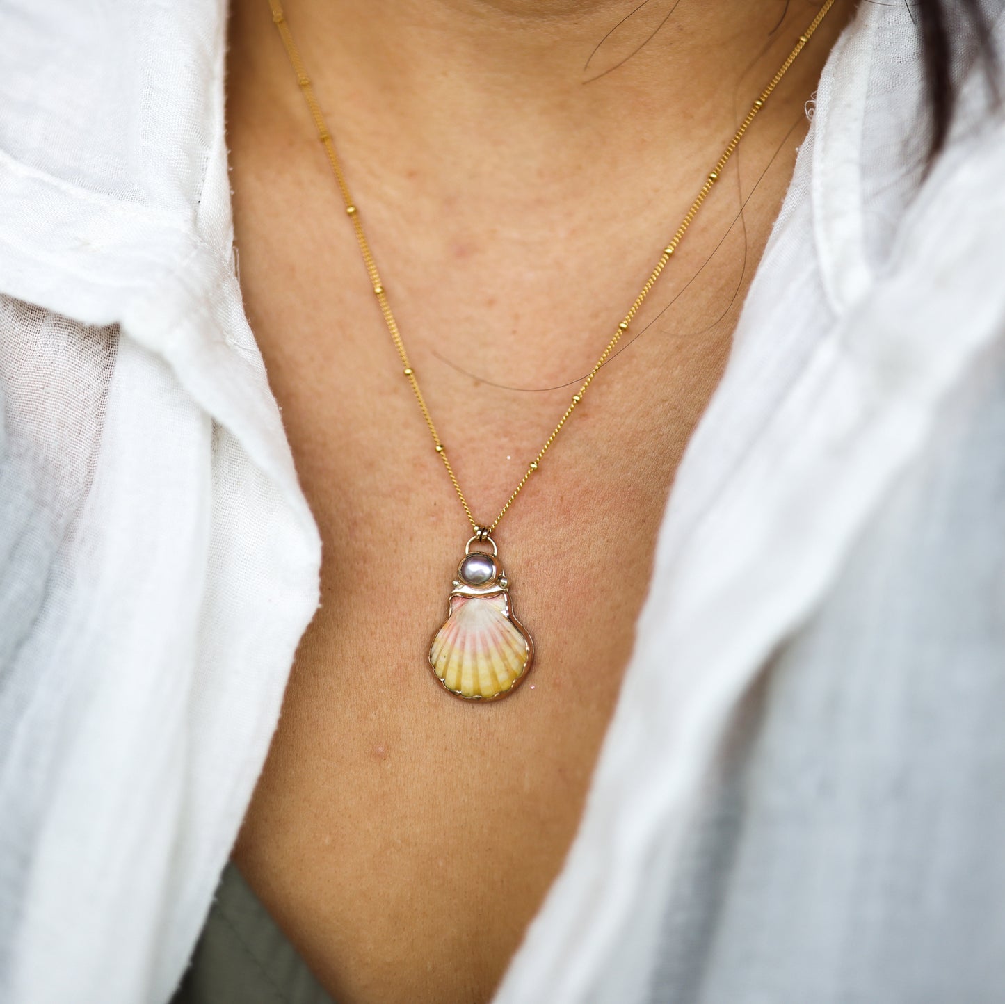 Gold Sunrise Shell and Pearl Necklaces