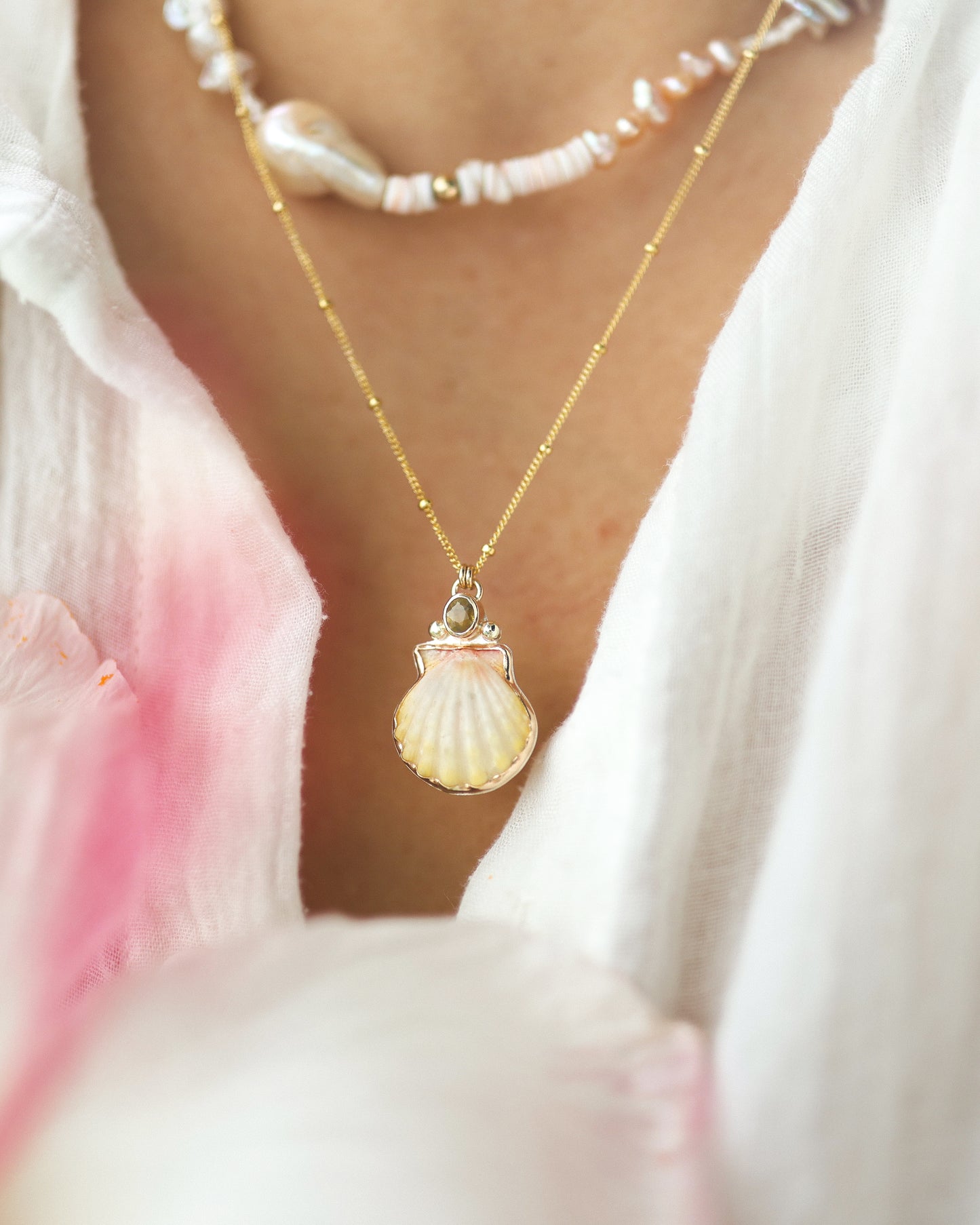 Gold Sunrise Shell and Sapphire Necklaces
