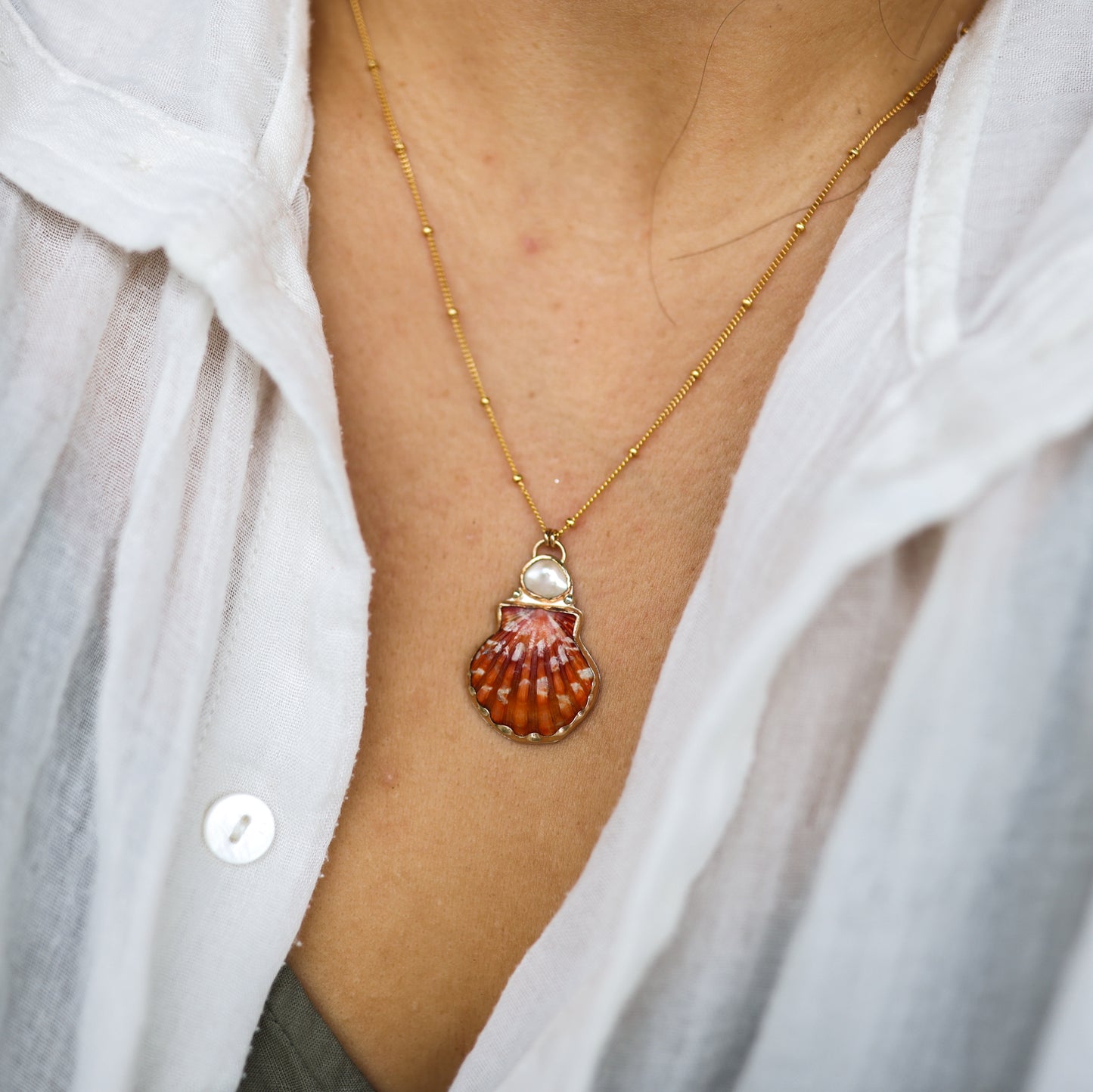 Gold Sunrise Shell and Pearl Necklaces