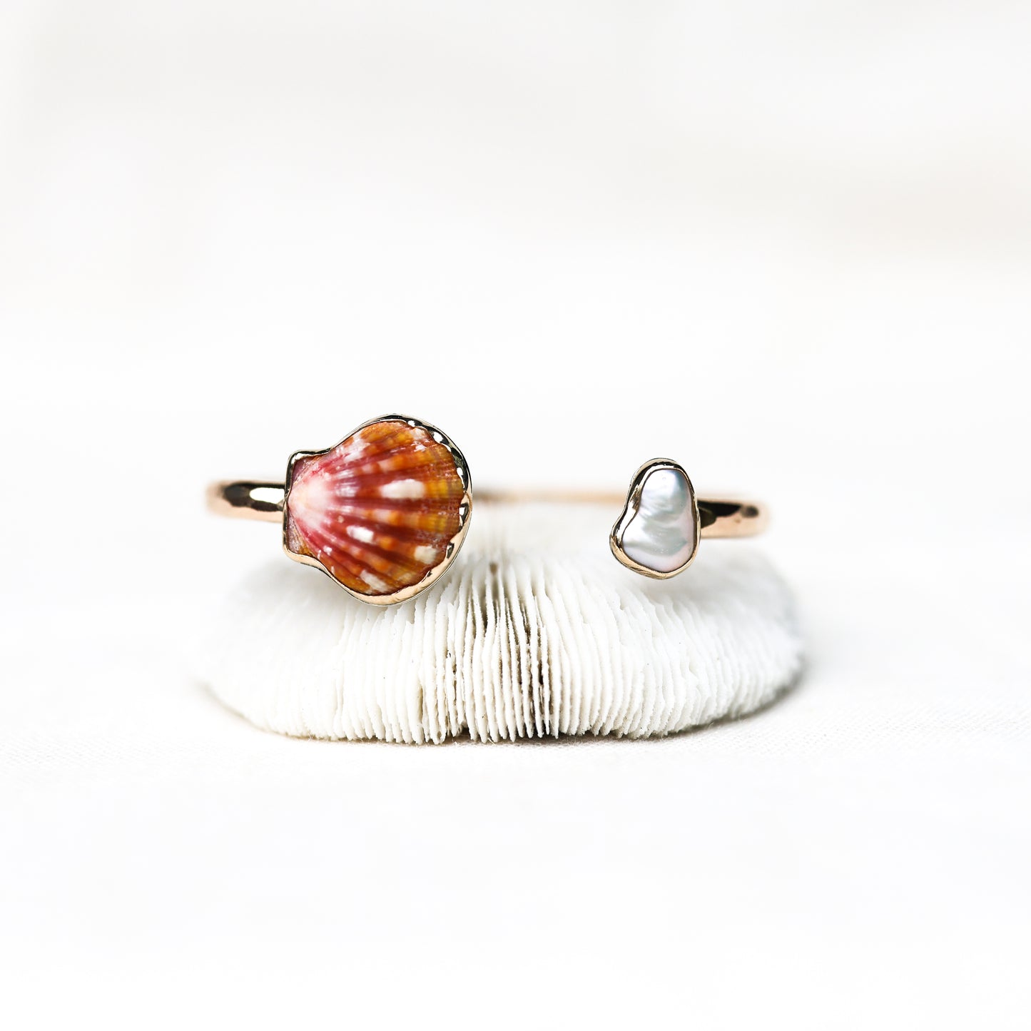 Gold Sunrise Shell and White Edison Keshi Pearl Cuff
