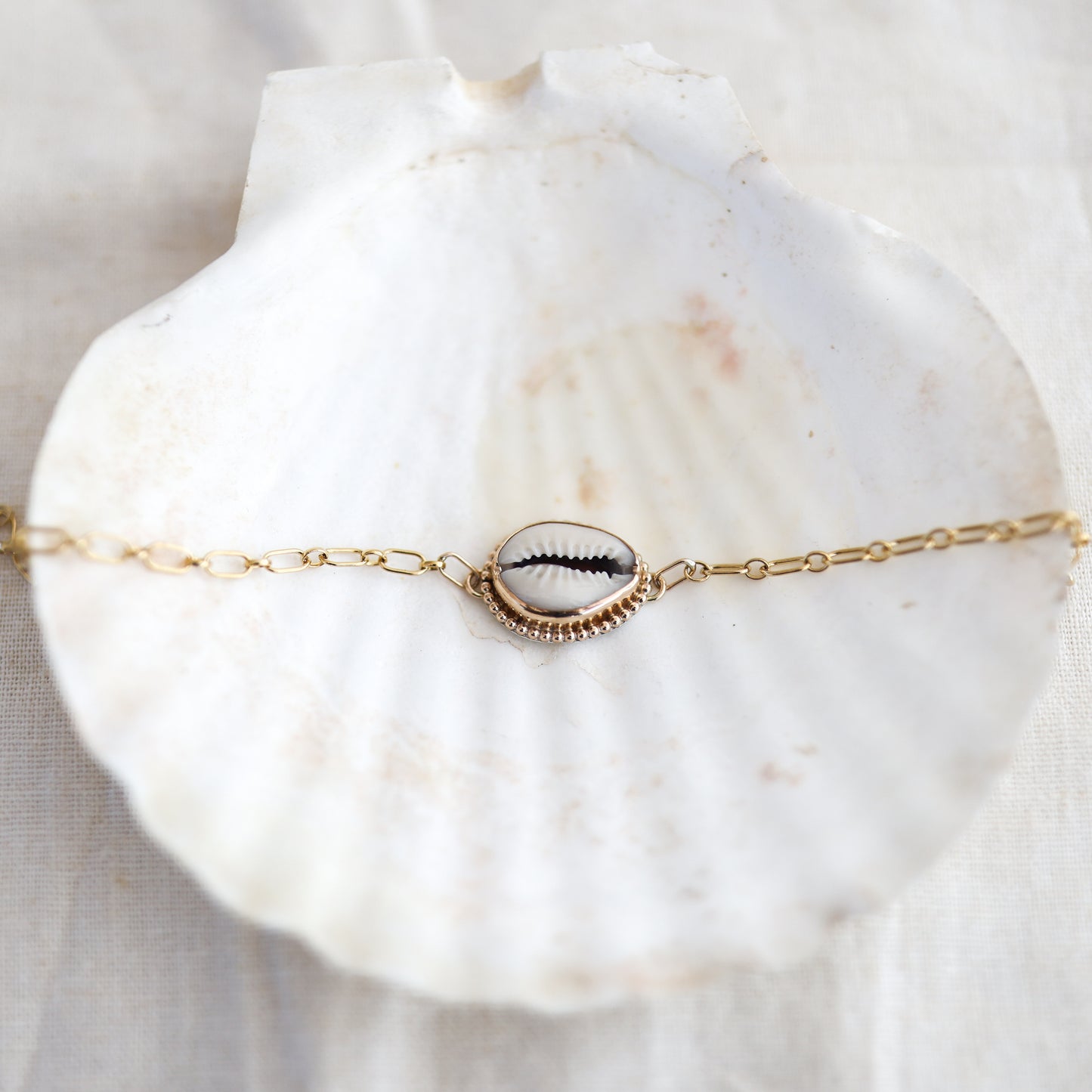 Gold Beaded Cowrie Chain Bracelet