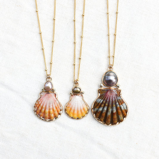 Gold Sunrise Shell and Pearl Necklaces