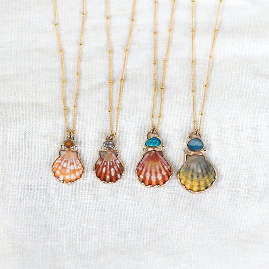 Gold Sunrise Shell and Sapphire Necklaces and Sunrise Shell and Australian Opal Necklace