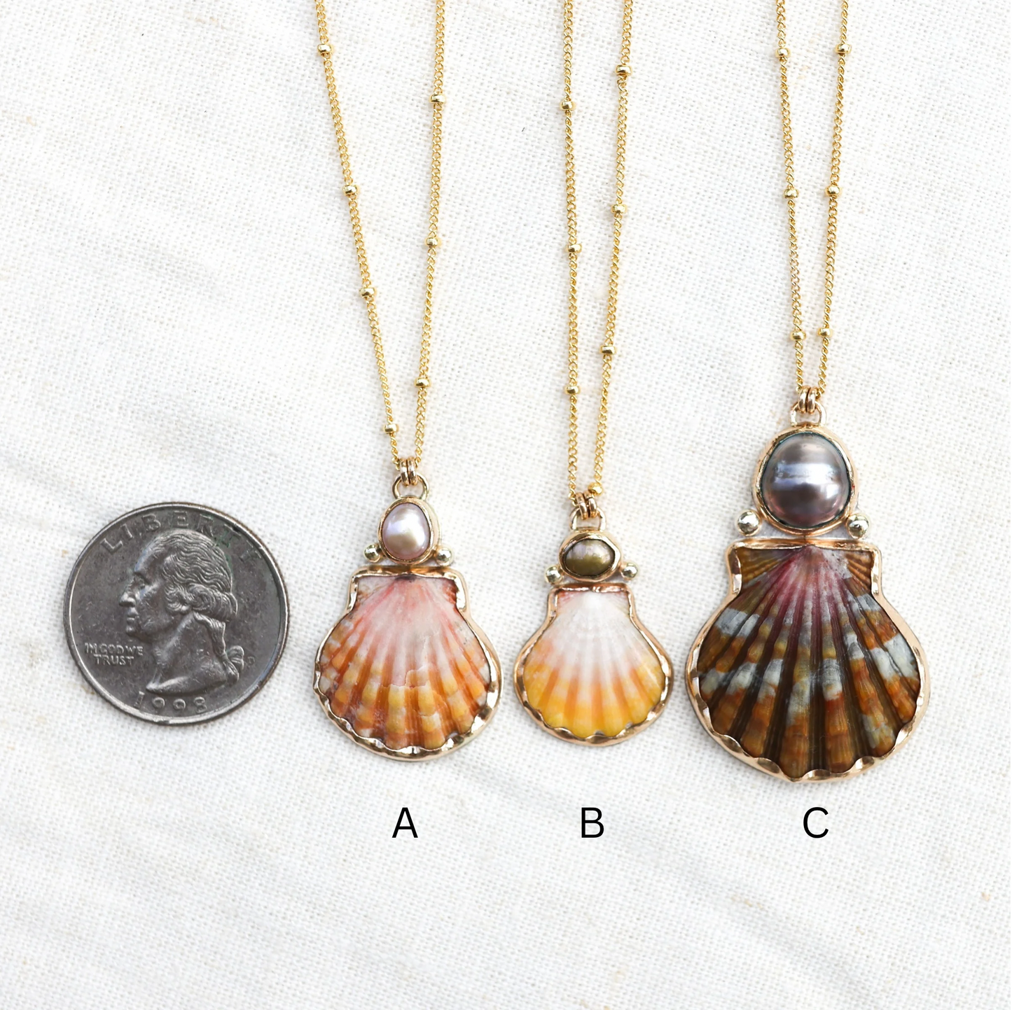 Gold Sunrise Shell and Pearl Necklaces