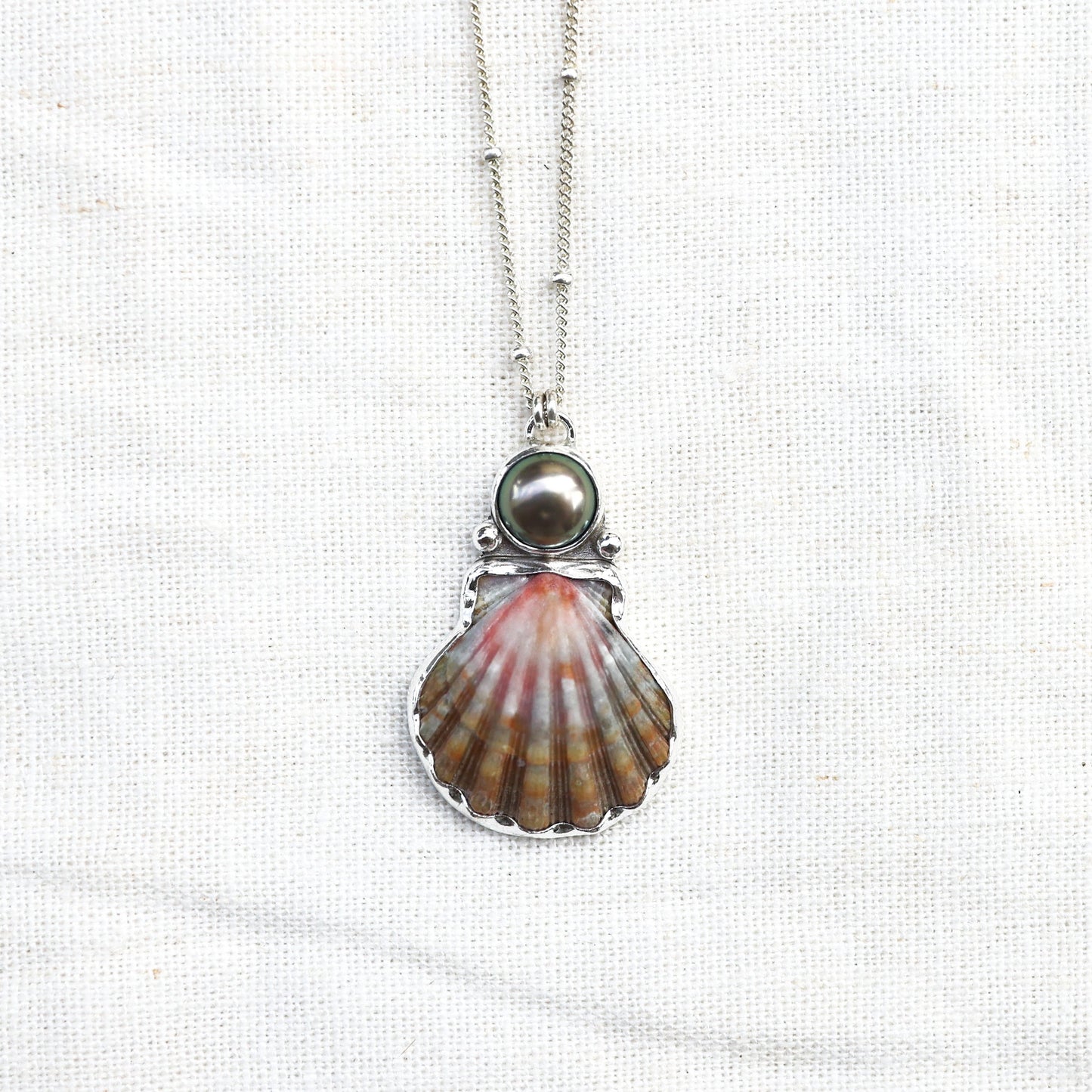 Silver Sunrise Shell and Tahitian Pearl Necklace