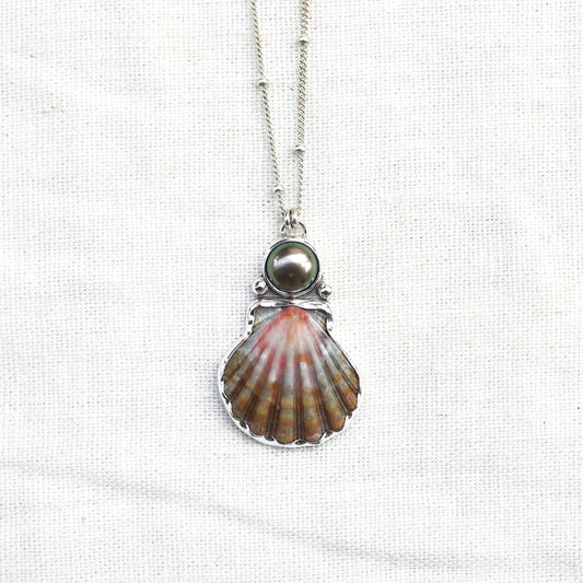 Silver Sunrise Shell and Tahitian Pearl Necklace