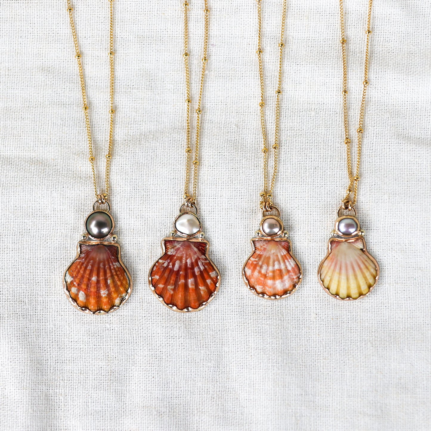 Gold Sunrise Shell and Pearl Necklaces
