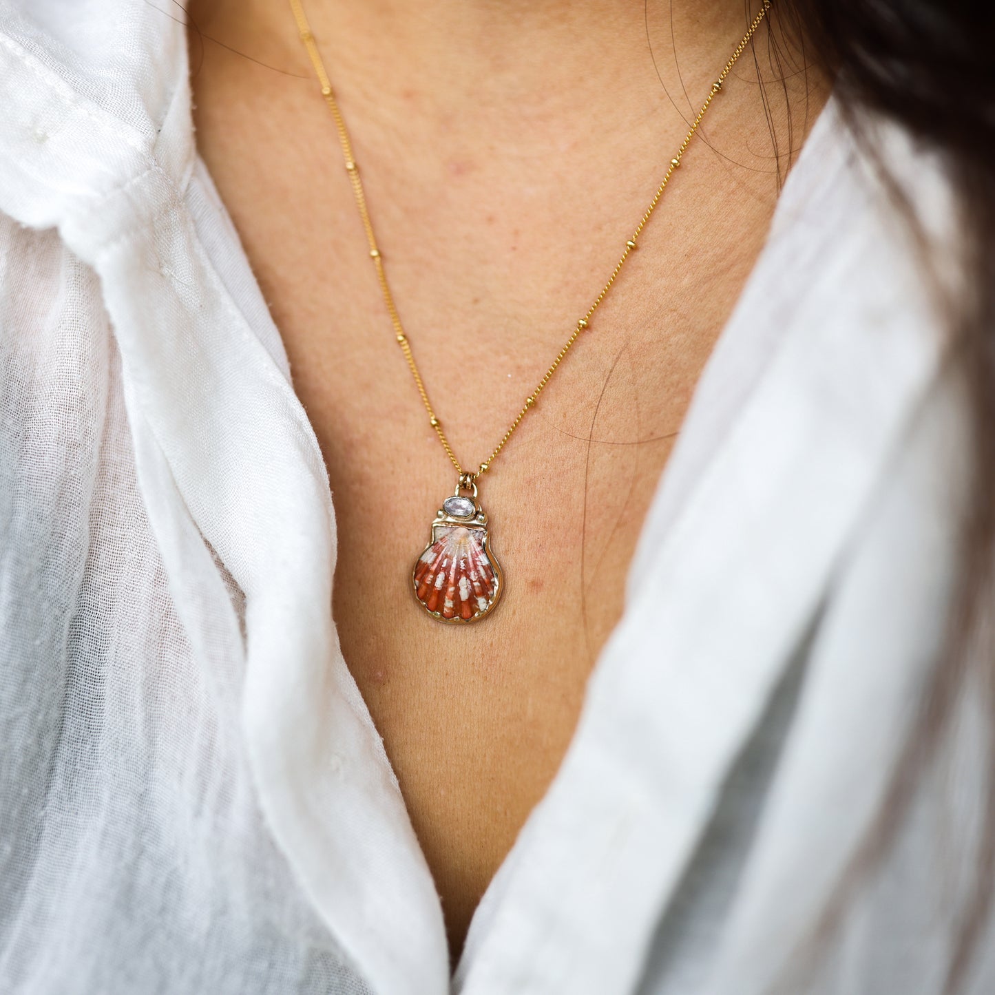 Gold Sunrise Shell and Sapphire Necklaces and Sunrise Shell and Australian Opal Necklace