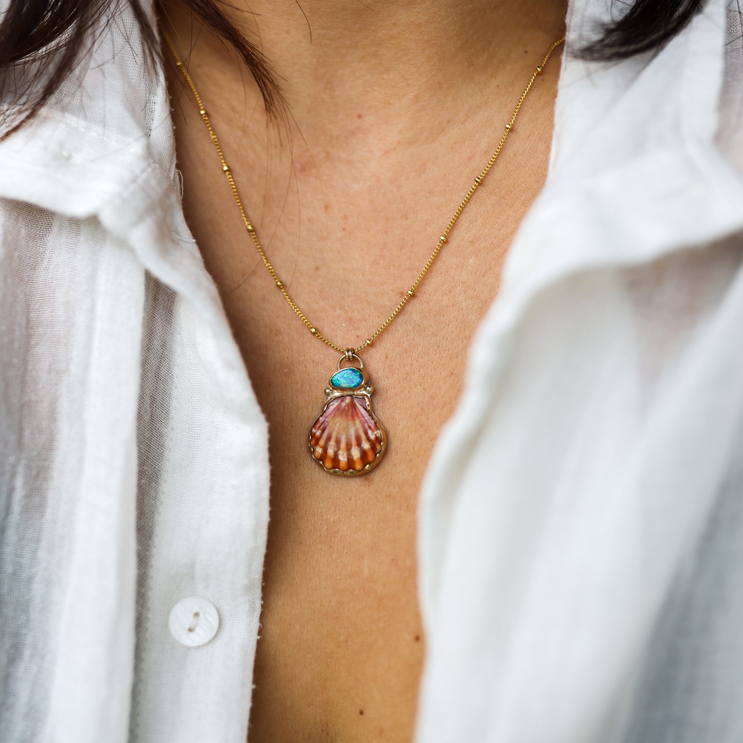 Gold Sunrise Shell and Sapphire Necklaces and Sunrise Shell and Australian Opal Necklace